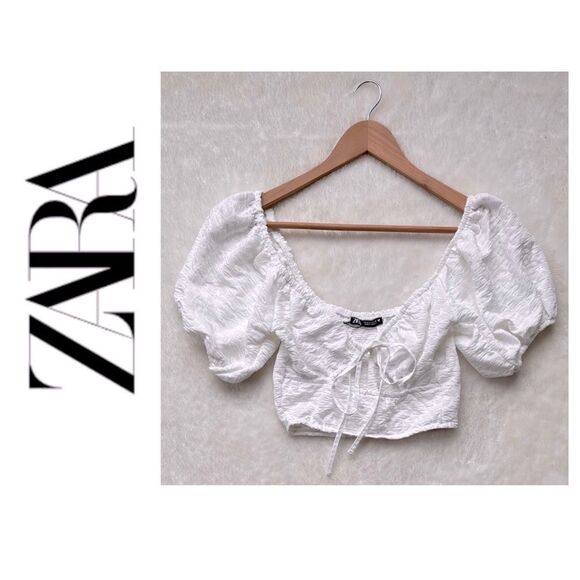 NWT Zara White V-Neckline Textured Tie Front Puff Short Sleeve Crop Top, Small - Picture 1 of 7